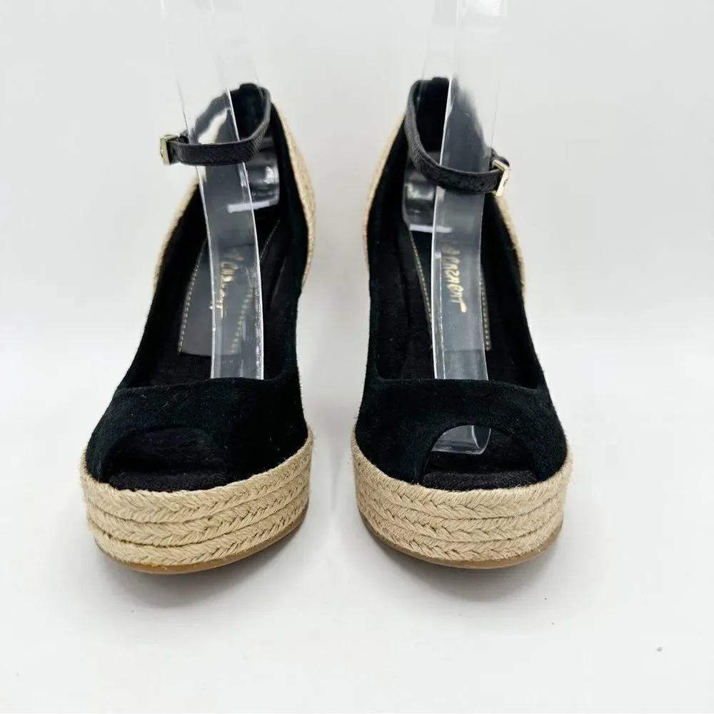 JEAN-MICHEL CAZABAT Black Suede Peep-Toe Espadrille Wedges Sz 37.5 ‎ US 7